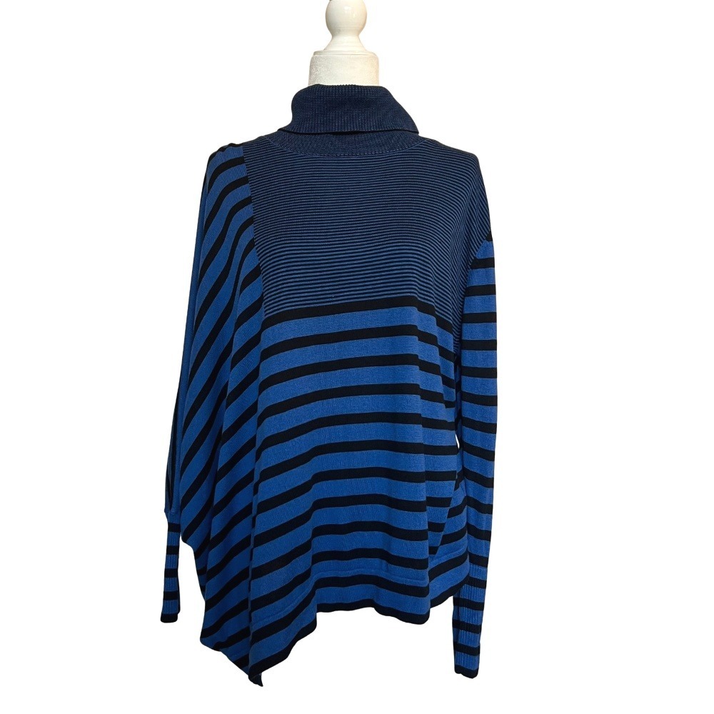 Planet by Lauren‎ G Blue Black Striped Asymmetric Turtleneck Poncho Sweater OS